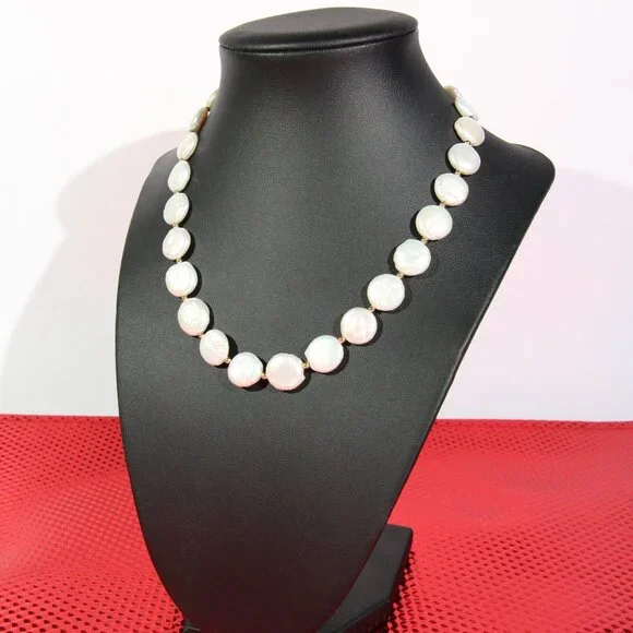 Freshwater Coin Pearls Necklace and .925 Sterling Silver - Picture 3 of 13